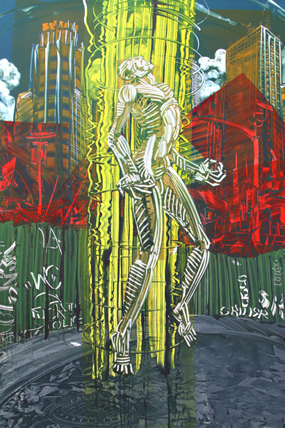 Mear One, “Elevator” 2004, Oil Based Ink on Arches Rives Paper, Monotype, 30″ x 44″