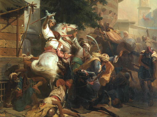 Karl Girardet; Gaucher de Châtillon defiende solo la entrada a una calle, Sala de las Cruzadas, Palacio de Versalles (detalle)