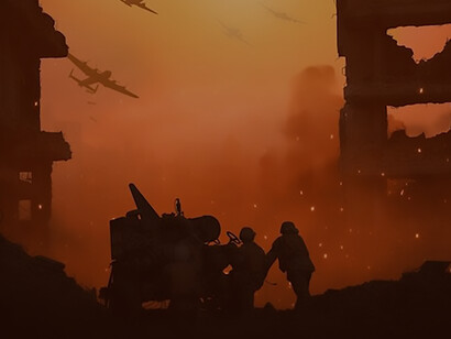 War and conflict landscape with people fighting
