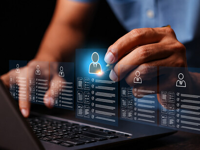 HR management and AI recruiting technology concept: recruiter analyzing candidate qualifications and application scores using a digital hiring platform