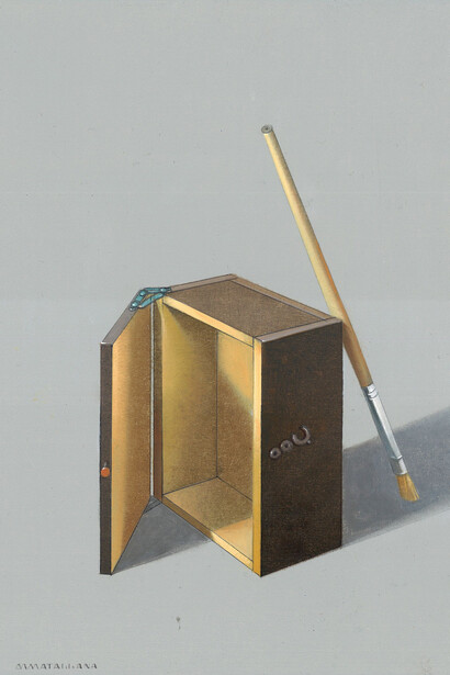 Antonio Matallana, Boite noire entrouvert et pinceau, 2025. Cortesia di Galleria Forni