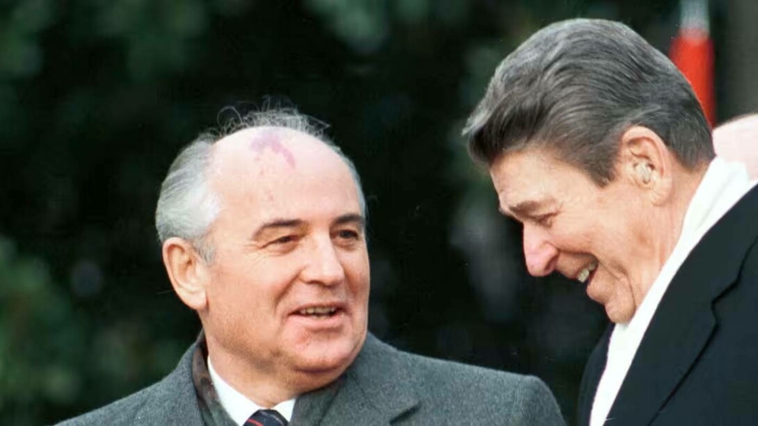 Former Soviet leader Mikhail Gorbachev (left) having a laugh with former U.S. President Ronald Reagan in 1987