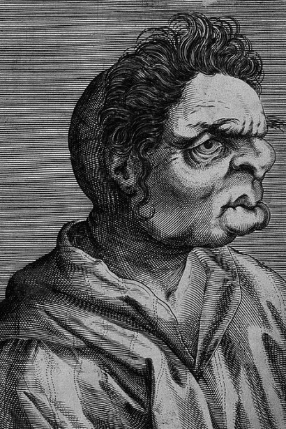 Herr von Mommongnon, a character with a grotesque face. Line engraving attributed to D. Custos