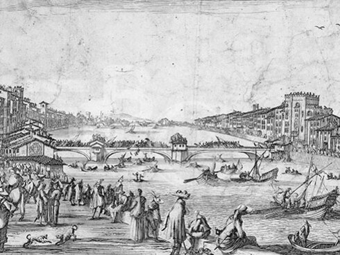 Pisa, Gioco del Ponte in un disegno di Lucini, 1649, Pisa, Italia