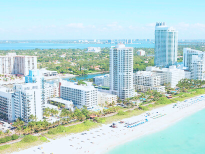 Miami Beach with Biscayne Bay in the background from an aerial view, Florida, USA