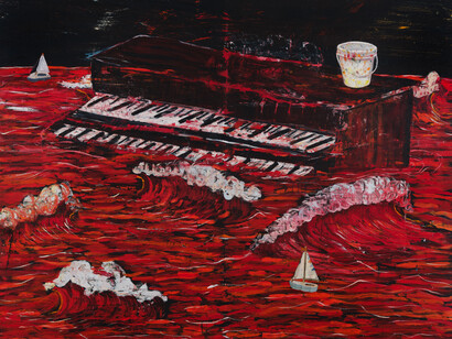 Angel Otero, Water Waltz (detail), 2023. Oil paint and fabric collaged on canvas, 72 x 95 inches (182.9 x 241.3 cm), 73 3/8 x 96 3/8 inches (186.4 x 244.8 cm) framed © Angel Otero; Photo by Argenis Apolinario; Courtesy the artist and Vito Schnabel Gallery