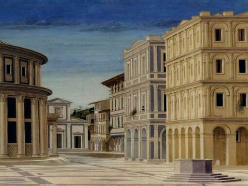 L'ordine assoluto può ridurre la spontaneità della vita urbana. Incerta attribuzione, La città ideale - Urbino, 1480 circa. Particolare del lato destro del dipinto. Galleria Nazionale delle Marche, Urbino, Italia