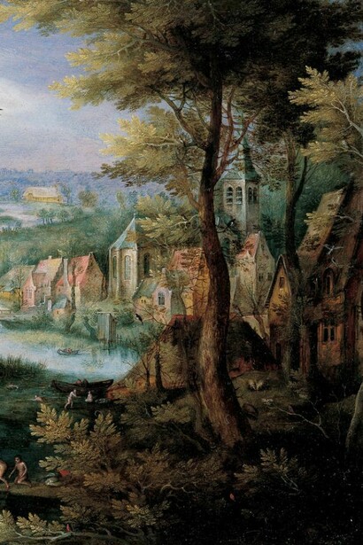 Jan Brueghel il Vecchio, Paesaggio fluviale con bagnanti, 1595-1600 Olio su rame, 17x22 cm Svizzera, collezione privata
