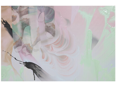 Lien Truong, The rhythm of a Mother, 2023 (detail). Oil, acrylic and copper pigment on canvas, linen, wood panel and silk; printed chiffon, 103.25x84 inches. Image courtesy of the artist and UTA Artist Space
