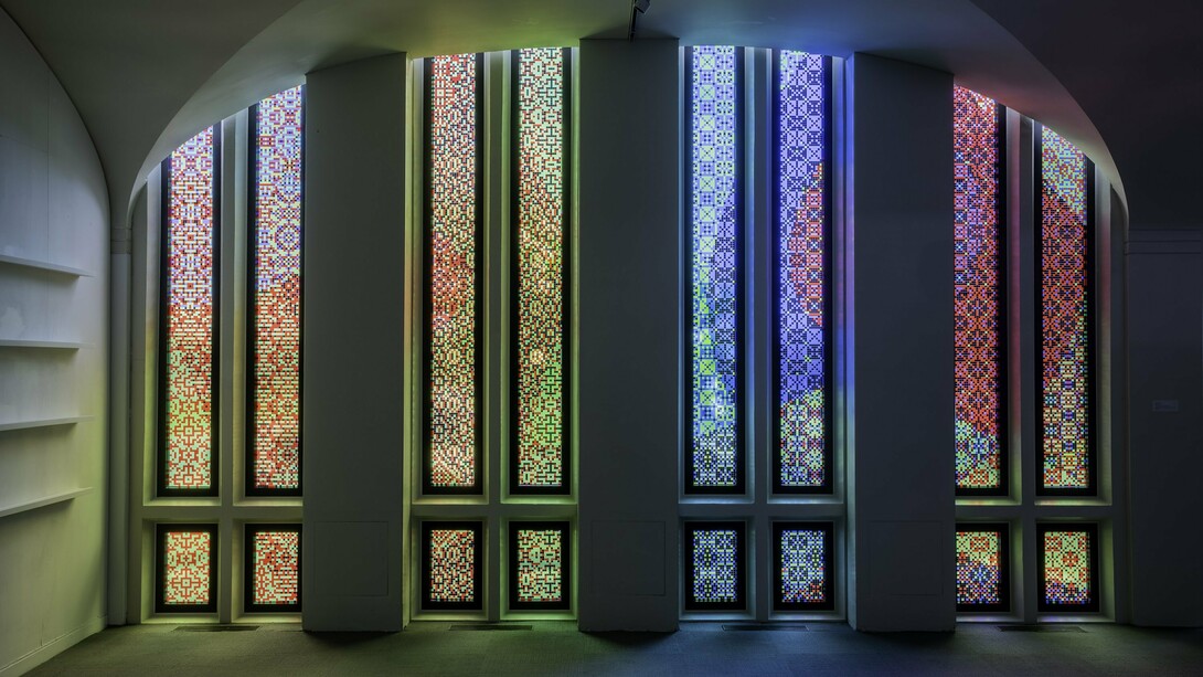 Barrow Parke,
GRB5 (detail), 2023,
1/2 inch vinyl squares on windows,
University Art Museum, University at Albany,
Dimensions variable, Photo by Jesse Alsdorf.
Courtesy of the artists and JDJ, New York and Garrison