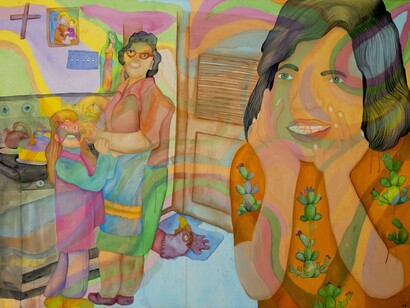 Karla Diaz, Lucha in Moms Kitchen II (detail), 2022, Watercolor and ink on paper, 55 x 85 in. Courtesy of the artist and Luis De Jesus Gallery