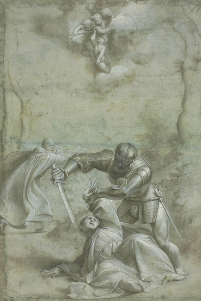 Giovanni Antonio de’Sacchis, known as Pordenone (?1483‒1539), The Martyrdom of St Peter, Black chalk, brown ink and wash, white heightening on blue paper, 56.1 x 45.0 cm © Gabinetto Disegni e Stampe degli Uffizi, Florence