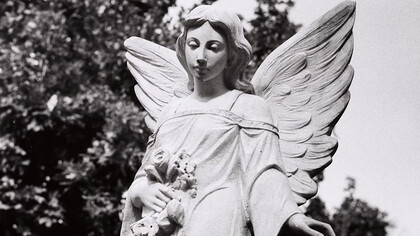 A black and white photograph of an angel statue in a cemetery