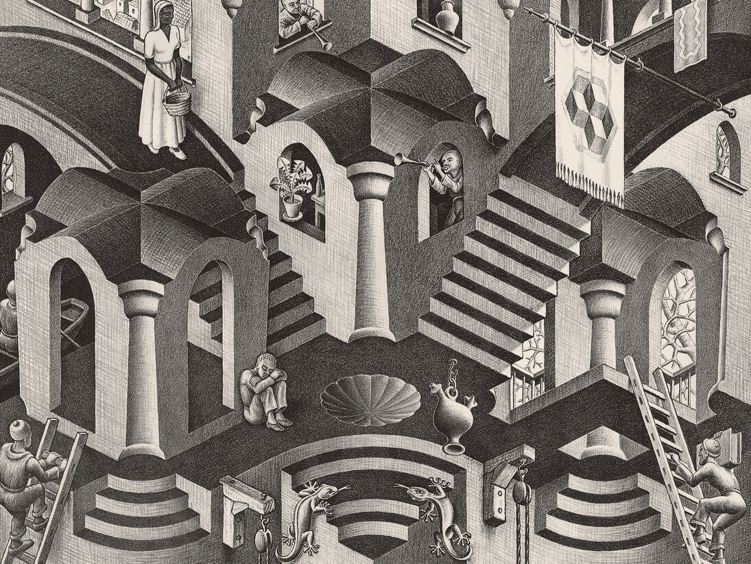 Maurits Cornelis Escher, Concavo e convesso, dettaglio, 1955, Xilografia, 27,50 x 33,50 cm, Collezione Giudiceandrea Federico, All M.C. Escher works © 2015 The M.C. Escher Company. All rights reserved