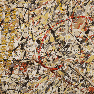 Elaine Reichek, JP Textile/Text 1, 2021 (detail), digital embroidery on printed cotton fabric, mounted to linen, with wood stretcher, 57 1/4x144 1/2 inches. Courtesy the artist and Shoshana Wayne Gallery