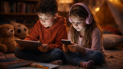 Two young children sit side by side at home, absorbed in their digital devices, reflecting how screens have become a central part of modern childhood and daily development