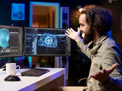 A man engaged in developing AI deep neural networks on his desktop PC, working with cutting-edge technologies like generative AI, AI chatbots, and machine learning