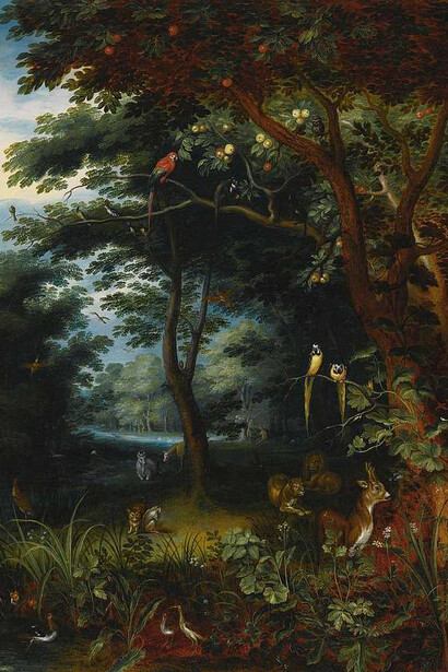 Jan Breughel the Younger The Garden of Eden with two Depictions of Adam and Eve