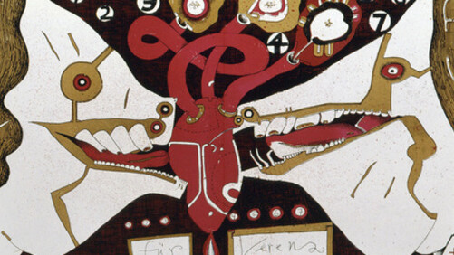 "Sie sagt, sie kommt – aber sie kommt nicht." Bilderbogen aus der Serie "Abschied von Verena"
Horst Janssen (1929-1995)1969 Hamburg Strichätzung 62 x 81,5 cm