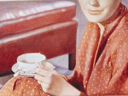 Andrew Leventis, Madeleine in Red Dress, San Francisco, 1958, 2014, oil on linen, 76 x 26 cm