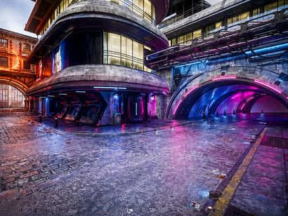 Atmospheric cinematic illustration of a futuristic cyberpunk alleyway at night, filled with vibrant neon lights, holographic advertisements, and a moody sci-fi urban atmosphere