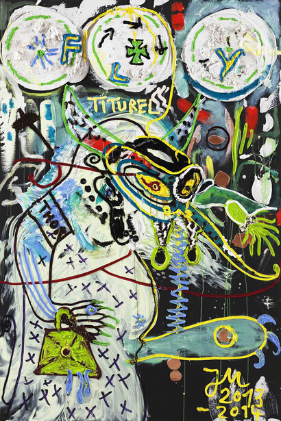 Jonathan Meese, DIE KLEINE FRISCHZELLENKUR "SCHNURRZN" GREIFT DIE WALDMEISTER BEDINGERLT BONONON, 2014, Huile, acrylique, pâte à modeler et techniques mixtes sur toile, 210,7 x 140,4 cm / 83 x 55 ¼ in. Courtesy Jonathan Meese et Galerie Daniel Templon, Paris. Photo Jan Bauer 