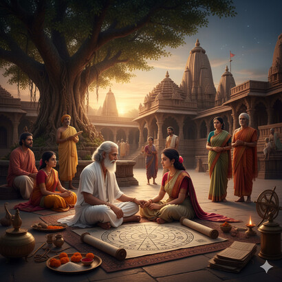 Cycles, patterns, and timing: consulting the stars to navigate life's journey. A timeless meeting under the banyan tree, where ancient symbols offer a mirror for human experience