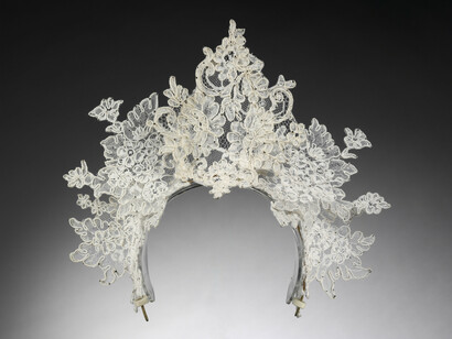 Antique lace tiara by Philip Tracey, London, 2008. Worn by Nina Farnell-Watson for her wedding to Edward Tryon. Private Collection, © Victoria and Albert Museum, London  