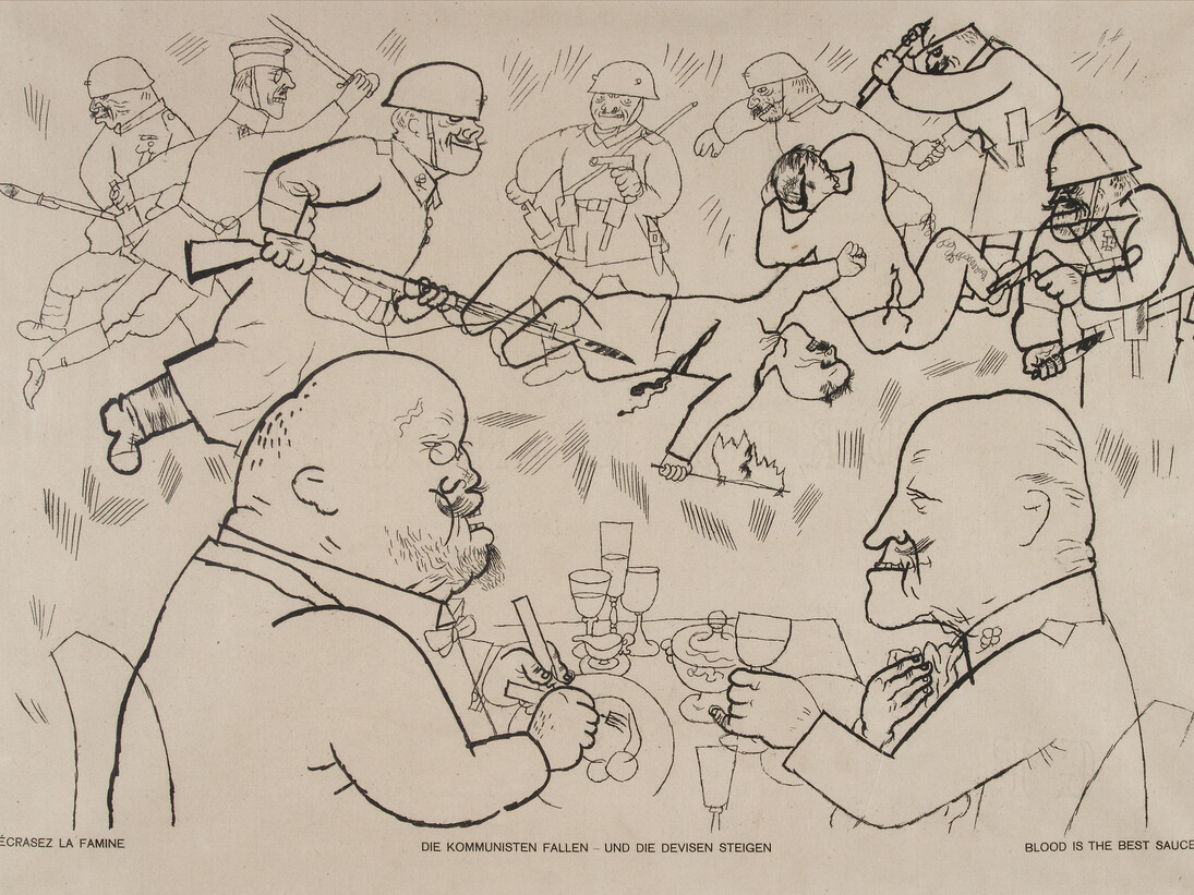 George Grosz, Blood is the Best Sauce (Écrasez la Famine / Die Kommunisten Fallen und die
Devisen steigen) from the portfolio Gott Mit Uns, Berlin: Malik Verlag, June, 1920, Portfolio of eight (9) photolithographs, 19 x 15 1/4 inches (48.3 x 38.7 cm), Edition C of 125. Photo credit: Joelle Jensen. Ubu Gallery, New York