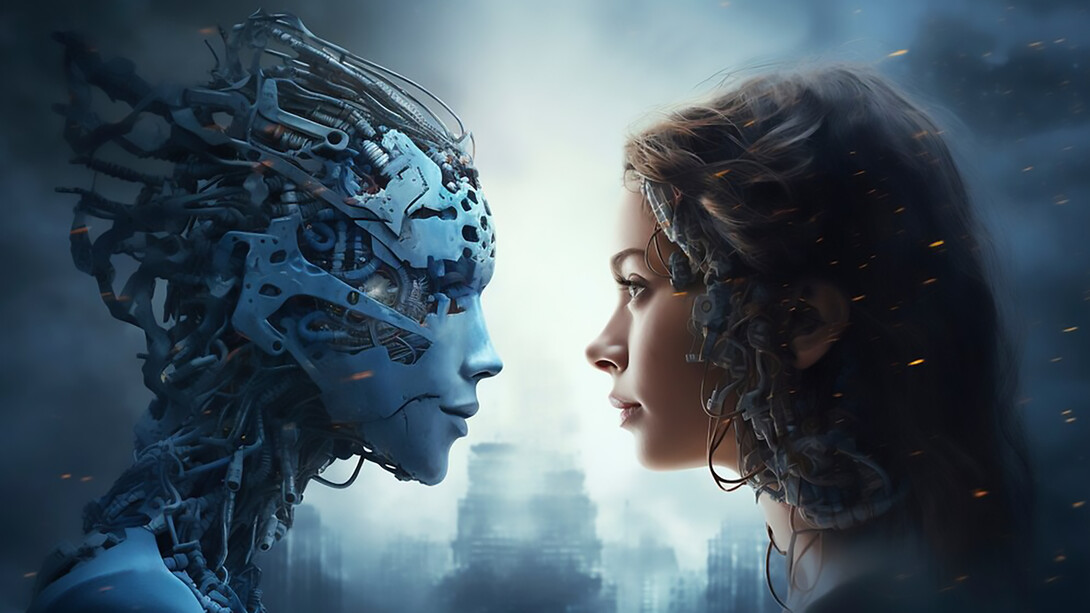 Capturing a thought-provoking moment, this image portrays a person and an AI robot in a compelling stare-down, highlighting the intersection of humanity and artificial intelligence