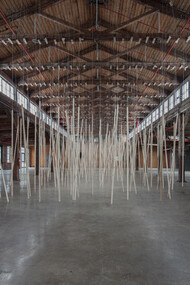 250 prepared ac-motors, 325kg roof laths, 1.8km rope Zimoun 2015. Motors, wood, rope, metal, power supplies. Dimensions: variable. Installation view: Knockdown Center NYC. Photography by Zimoun ©
