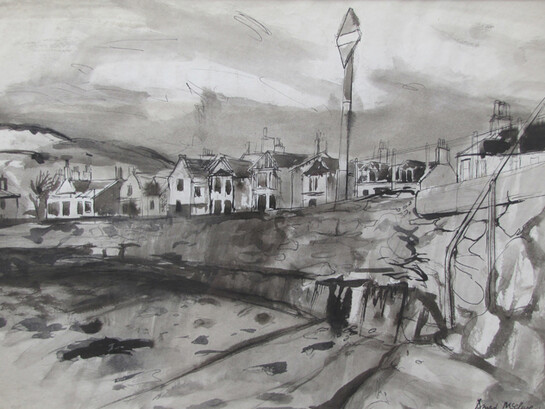 David McClure, Shore and Houses, Millport, 1956, pen & wash, 38 x 55 cm