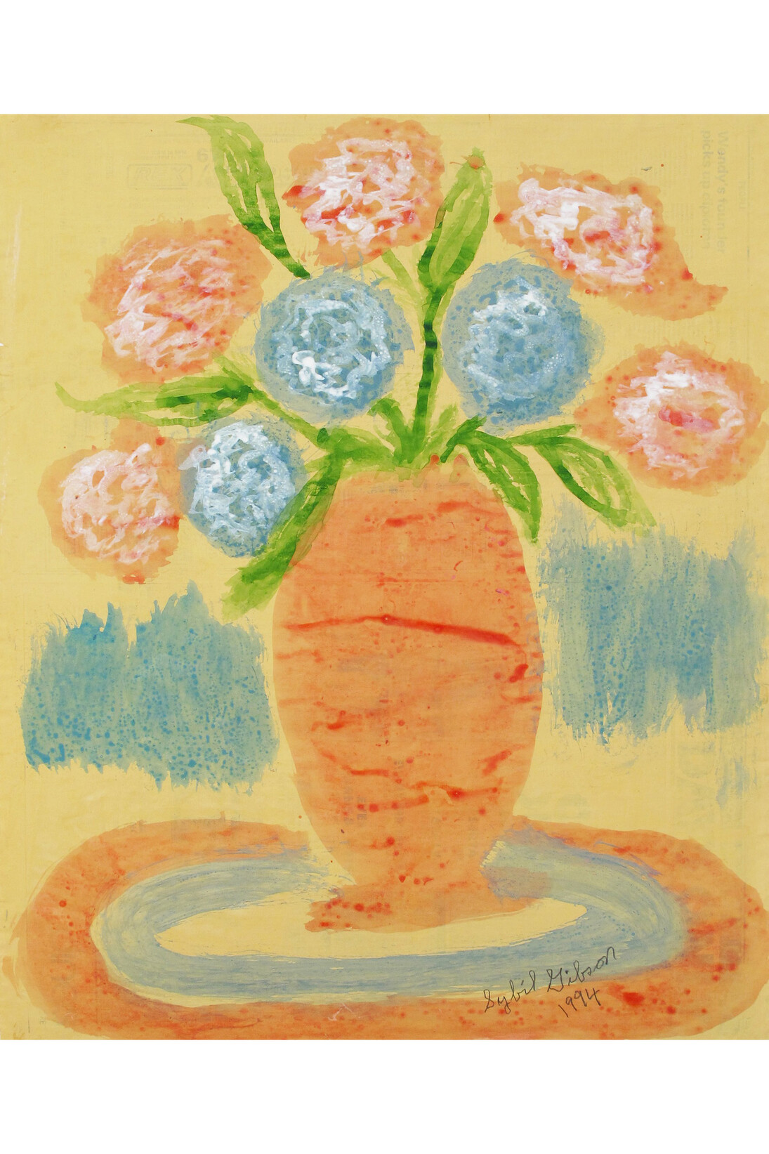 Sybil Gibson, Floral – Peach Blue Green, 1994, Acrylic on newspaper, 28 x 23 inches; 71.1 x 58.4 cm