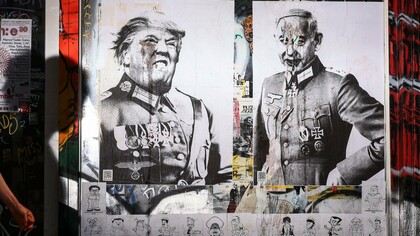 Cartazes retratam o presidente dos EUA, Trump, e o primeiro-ministro israelense, Netanyahu, em uniformes e trajes nazistas