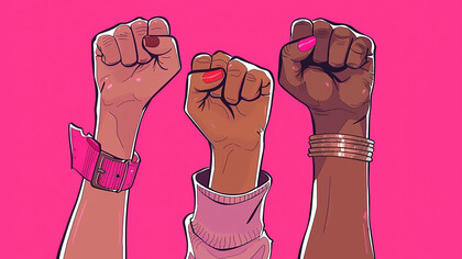 On a pink background, a women's fist symbolizes equality