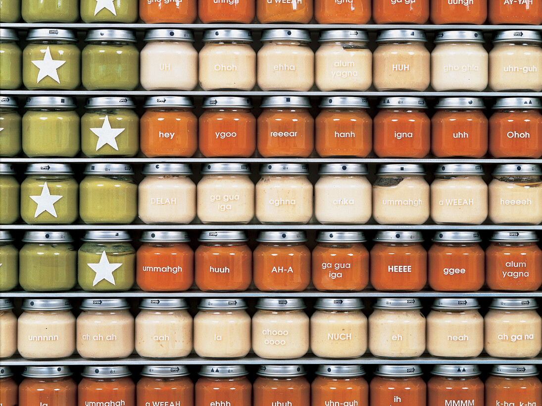 Kate Ericson and Mel Ziegler, Peas, Carrots, Potatoes, 1994-1996, 364 jars, peas, carrots, potatoes, 76,8 x 148 x 5,7 cm / 30 1/4 x 58 1/4 x 2 1/4 inches, Unique