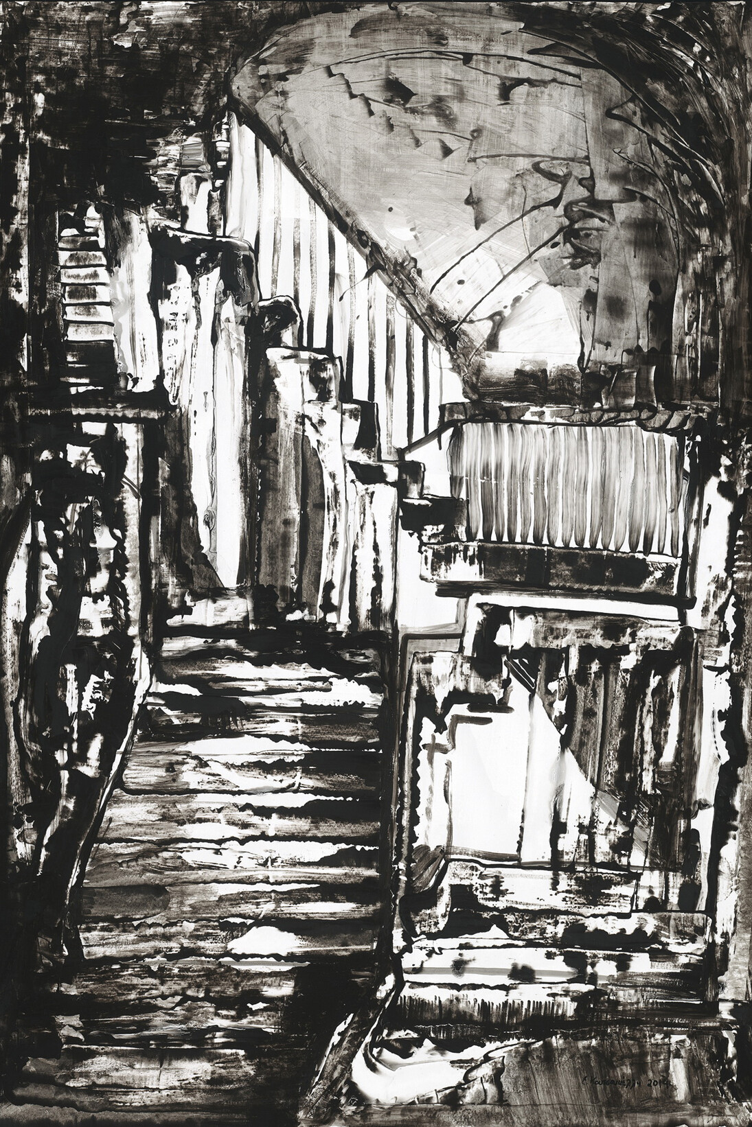 Elli Koutsoukelli, Untitled, 2014, Indian ink & mixed media on paper, 100 x 70 cm