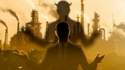 Silhouette of a man with devil horns in dark shadows, symbolizing temptation and spiritual struggle