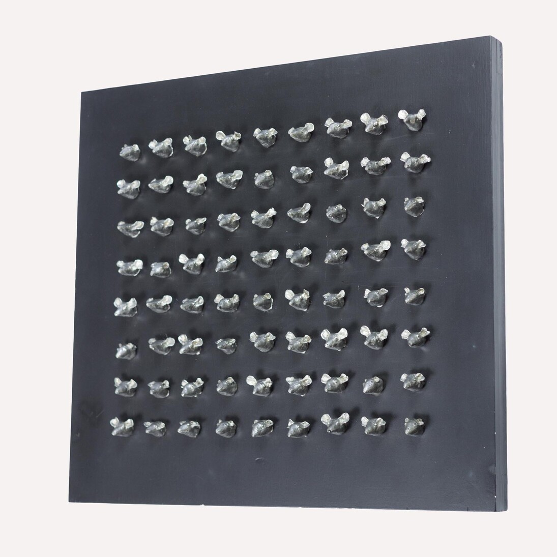 Lida Boonstra, Mice, Molded Tin on Wood, 25” x 27.5” x 3”, Courtesy of Agora Gallery 