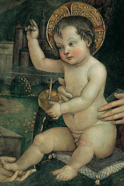 Bernardino di Betto, dit Pinturicchio, L’enfant Jésus « Aux Mains » 1492-1493, Fesque détachée, H.73 ; L.59 cm, Pérouse, Fondazione Gugliemo Giordano © Fondazione Guglielmo Giordano