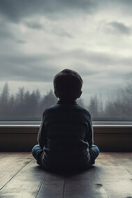 Close-up of a child sitting on the floor in a dark room, struggling with emotional dysregulation