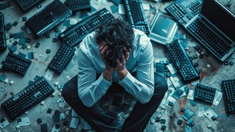 A man in distress surrounded by keyboards, representing how uncertainty grows when innovation moves faster than understanding