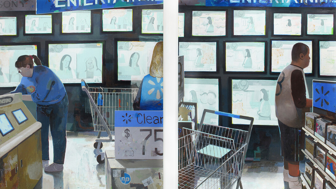 Entertainment Center, Flashe and acrylic on canvas, diptych, 78 x 62” each; 78 x 124” overall, detail 
2020
