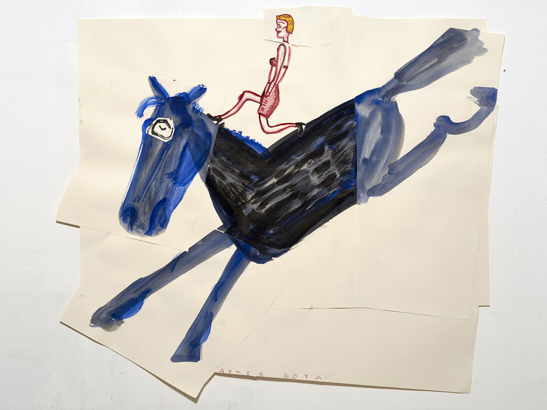 Rose Wylie, Blue Horse with Girl, 2013, Watercolor and collage on paper, 32.5 x 35.5 in (82.6 x 90.2 cm). Courtesy of the Artist and Thomas Erben Gallery, New York