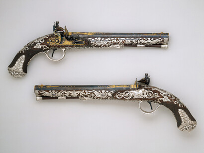 Pair of flintlock pistols. Made by Samuel Brunn (English, London, recorded 1795–1820) with silver mountings attributed to Michael Barnett (English, London, 1758–ca. 1823). British, London, ca. 1800. The Metropolitan Museum of Art, Purchase, Harris Brisbane Dick Fund and Gift of George D. Pratt, by exchange, 1992 (1992.330.1, .2)