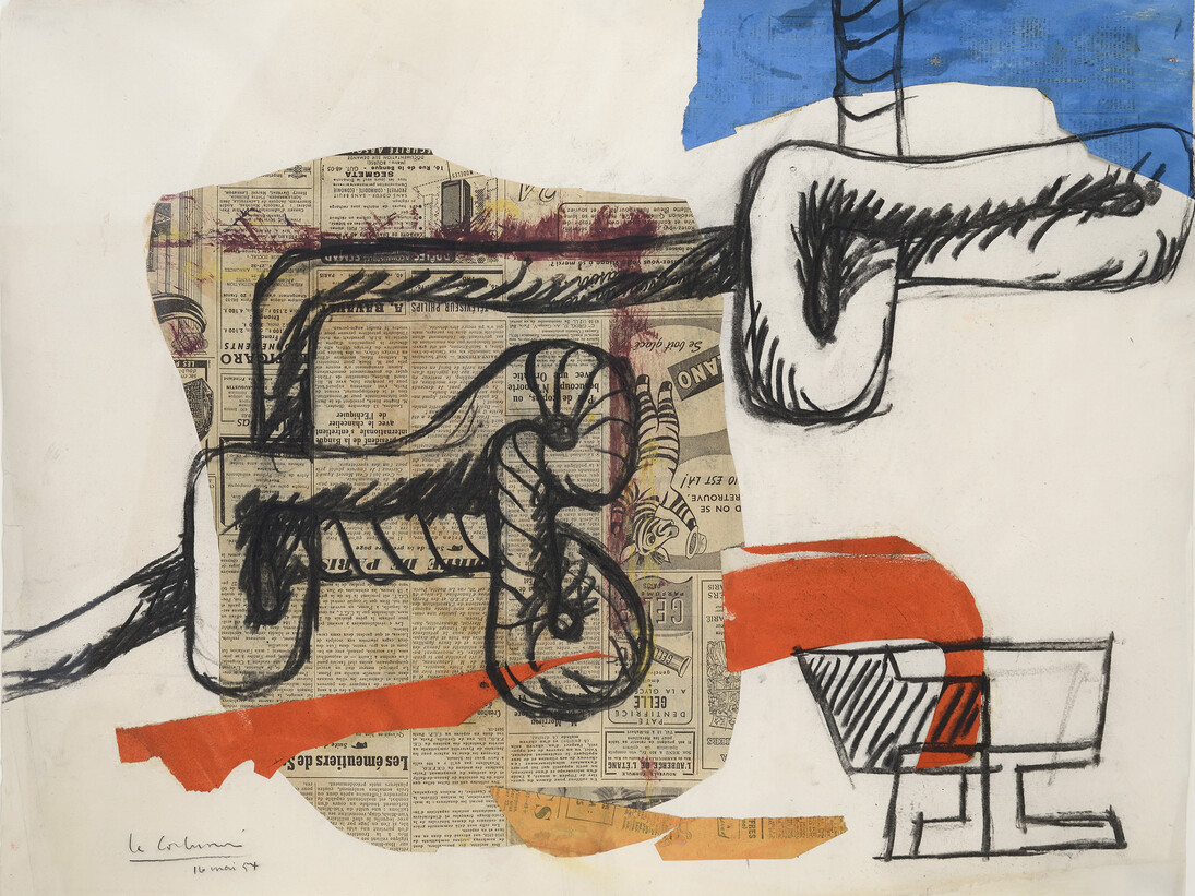 Corde et verres, 16 mai 1954, Collage de journal, papiers gouachés et fusain sur papier, 48 x 62 cm © Fondation Le Corbusier, Paris, 2015, Courtesy Galerie Eric Mouchet – Galerie Zlotowski