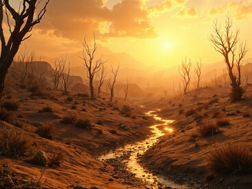 An eroded landscape with a dwindling water stream, representing environmental degradation driven by climate shifts