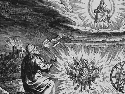 Engraved illustration of the "chariot vision" of the Biblical book of Ezekiel, chapter 1, made by Matthaeus (Matthäus) Merian (1593-1650), for his "Icones Biblicae" 