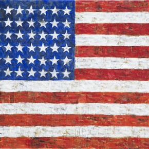 Sturtevant, Johns Flag for Dea,
1991,
encausto e collage su tela,
Courtesy Estate Sturtevant, Galerie,
Thaddaeus Ropac, Paris-Salzburg,
Foto Amedeo Benestante