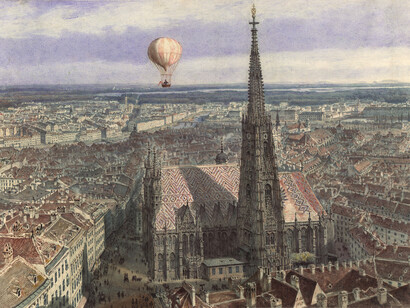 Jakob Alt, Balloon ride over Vienna (View of Vienna from the Southwest with a balloon over the city), 1847. Mit freundlicher genehmigung des Leopold Museums